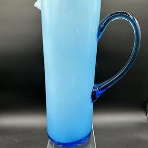 Balboa Italian Blue & White Cased Blown Glass Pitcher, Vintage Mid-century